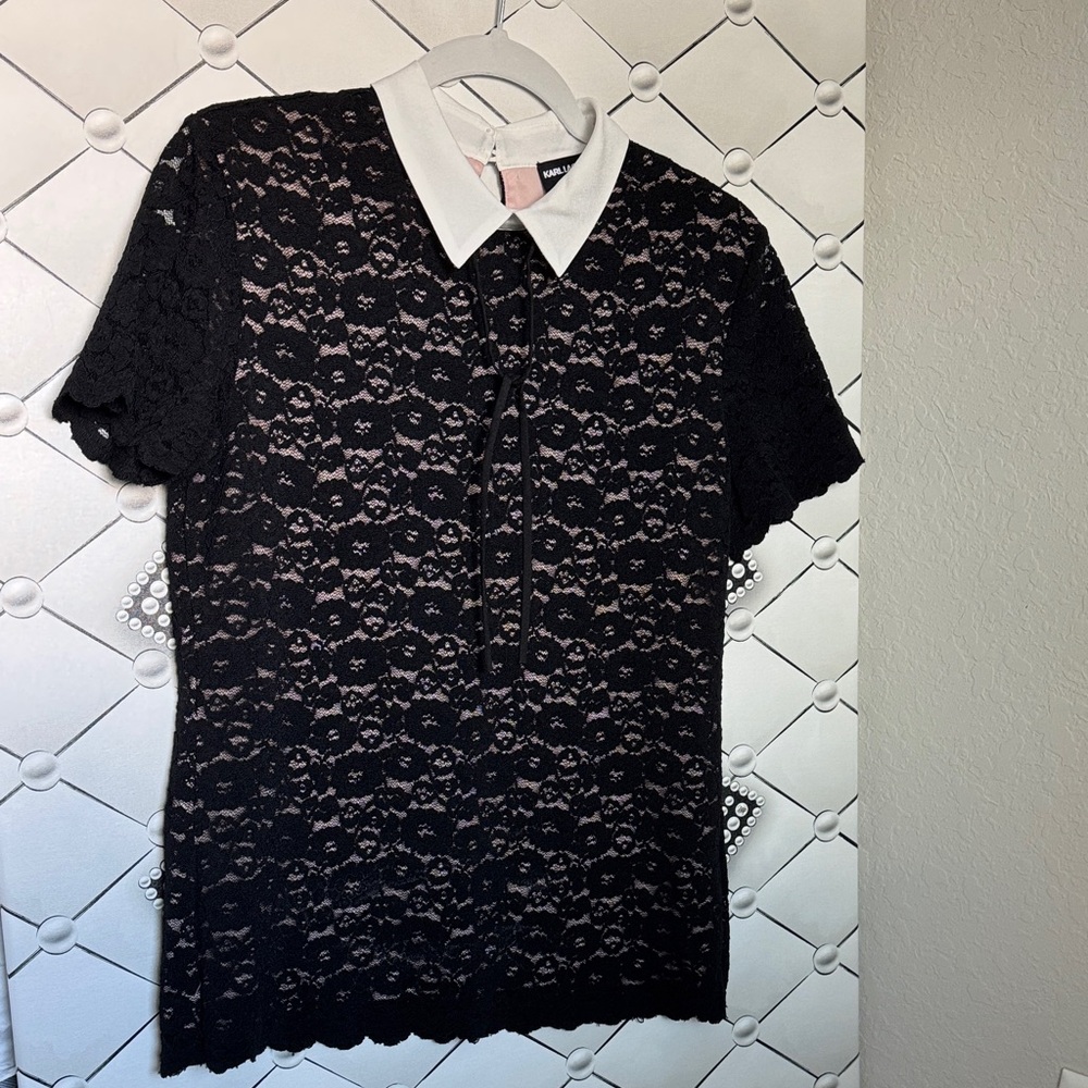 Karl Lagerfeld Black Lace Blouse with White Collar